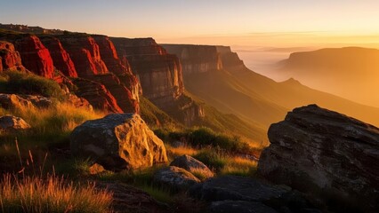 Breathtaking view of red rock cliffs at sunrise, with mist covering the valley below and lush grass in the foreground under a vibrant sky