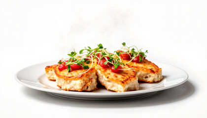 Delicious sautéed fish garnished with herbs on a plate, culinary art