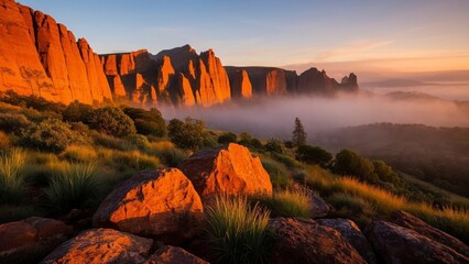 Breathtaking view of red rock cliffs at sunrise, with mist covering the valley below and lush grass in the foreground under a vibrant sky