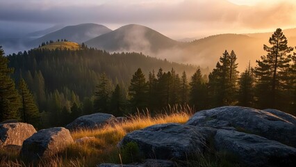 Serene forest landscape at sunrise with layers of mist covering rolling hills, casting golden light over dense evergreen trees