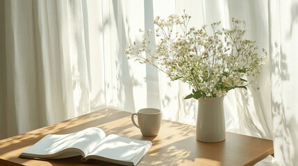 Minimalist Home Office with Wooden Desk and Fresh Wildflowers
