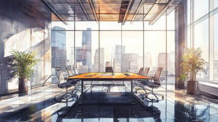 A hand-drawn conceptual rendering of a modern meeting room features a city view, ample daylight, and a workspace designed with architectural and engineering precision. 3D rendering