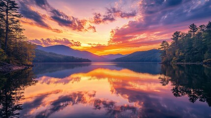 Obraz premium Colorful Sunset over Mountain Lake Reflection