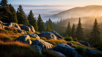 Serene forest landscape at sunrise with layers of mist covering rolling hills, casting golden light over dense evergreen trees