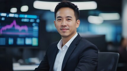 Confident businessman office portrait, charts background