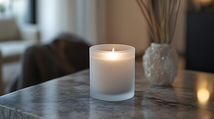 A minimalist candle in a frosted glass holder atop a sleek marble tabletop with refined decor accents, captured in ultra HD clarity.