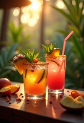 vibrant cocktails presented dynamic glassware enhanced fresh ingredients tropical experience, mixology, drinks, liquor, spirits, garnish, ice, fruity