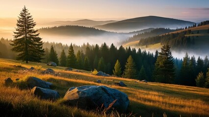 Serene forest landscape at sunrise with layers of mist covering rolling hills, casting golden light over dense evergreen trees