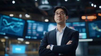 Confident businessman in modern office, data screens