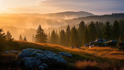 Serene forest landscape at sunrise with layers of mist covering rolling hills, casting golden light over dense evergreen trees