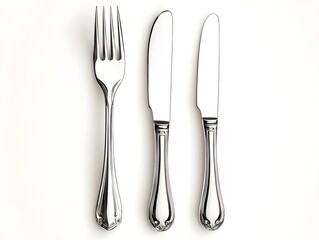 Shiny Stainless Steel Cutlery Neatly Placed on White Background