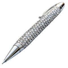 Elegant silver pen adorned with sparkling diamonds, luxury writing instrument isolated on transparent background, cutout png