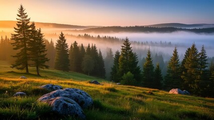 Serene forest landscape at sunrise with layers of mist covering rolling hills, casting golden light over dense evergreen trees