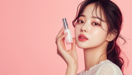 Obraz premium Portrait of a beautiful Korean woman showing her open palm and smiling for a skin care