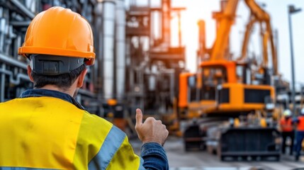 Construction worker approving operations industrial site photography outdoor rear view teamwork and safety