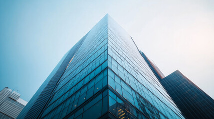 A striking glass office building stands tall against the city skyline, embodying contemporary urban architecture