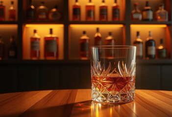 elegantly crafted whiskey glass gleaming polished wooden surface radiating timeless sophistication inviting warmth, amber, handcrafted, sophisticated