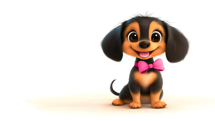 Cute cartoon dachshund puppy on a white background. Cheerful dog with a pink bow smiles. Illustration with copy space.