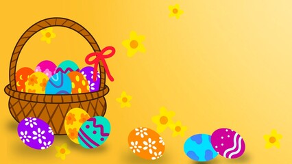 Bucket Easter Eggs with Flowers on Yellow Background 