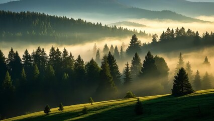 Serene forest landscape at sunrise with layers of mist covering rolling hills, casting golden light over dense evergreen trees