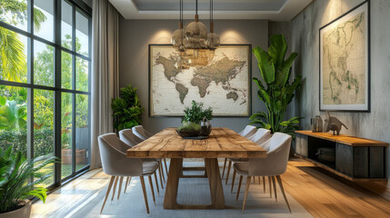 A stylish dining room with botanical decor features a handcrafted wooden table, elegant chairs, lush greenery, a large window, and a decorative map poster, creating a cozy and modern home atmosphere