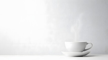 Fototapeta premium Elegant White Ceramic Coffee Cup with Steaming Beverage on Minimalist Background