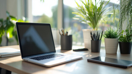 Fototapeta premium A workspace that inspires creativity, captured in a still-life shot of a sleek and modern office setting