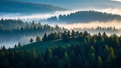 Serene forest landscape at sunrise with layers of mist covering rolling hills, casting golden light over dense evergreen trees