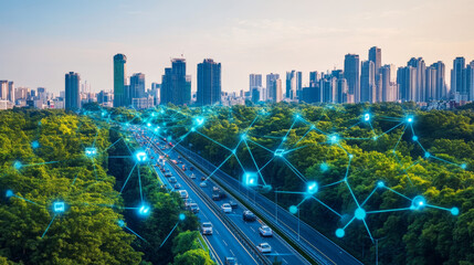 Obraz premium An abstract visualization of a smart city integrates a polygonal pattern with dynamic speed lines, symbolizing the interconnectivity of big data and advanced technology