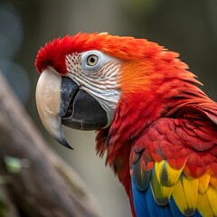 Fototapeta premium close up of a red parrot with blur background looking cute and friendly
