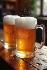 close details frosty beer mugs rustic wooden table highlighting refreshing beverages chilled foam texture, lager, craft, frosted, glass, drink, head, setting
