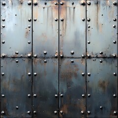 Fototapeta premium Weathered Riveted Metal Panel Texture with Industrial Plating and Visible Bolts