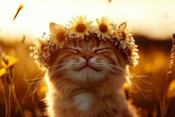 Golden hour in sunset. Vacation time happiness. Cute adult cat pixiebob wearing untamed flower crown on its head. Boho-inspired floral wreath for cats. Smiling little pet explorer.