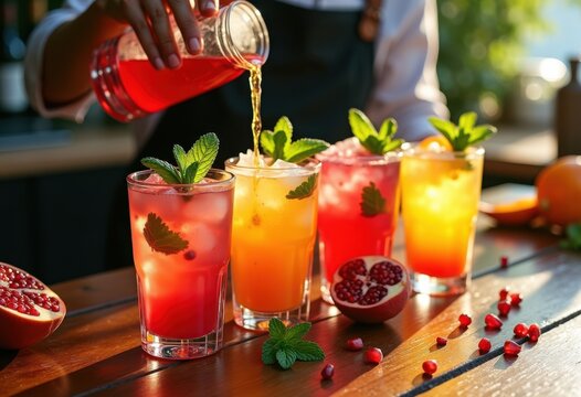 stunning display colorful mocktails textured surface highlighting refreshing ingredients expert mixology techniques, beverage, cocktail, drink, garnish