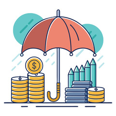 Naklejka premium orange umbrella protects coin stacks from rain vector image on white background