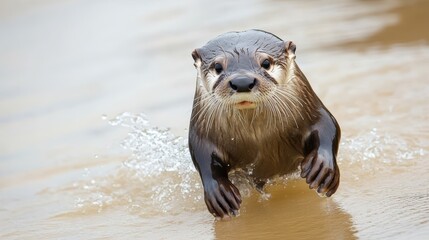 Playful River Otter Splashing Through Water in Natural Habitat with Gleaming Fur and Whiskers