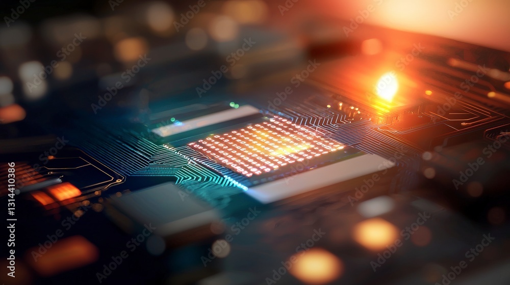 Poster close-up view of a modern microchip circuit board with bright lights and dynamic patterns reflecting