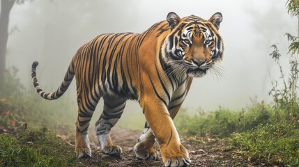 Naklejka premium Majestic Bengal Tiger Walking Through Foggy Forest Landscape with Lush Greenery Surrounding It