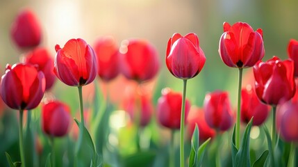 Vibrant Red Tulips Blooming in a Sunny Garden Landscape