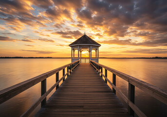 Obraz premium Walking Pier to Gazebo at Sunset Over Calm Water and Sky
