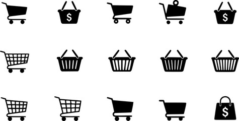 Set shop cart, basket, bag icon, buy and sale symbol. Full and empty shopping cart. Shopping basket bag icon sign – stock vector
