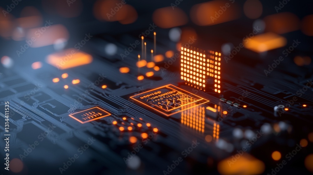 Poster high-tech computer circuit board with glowing orange elements and microchip details for digital inno