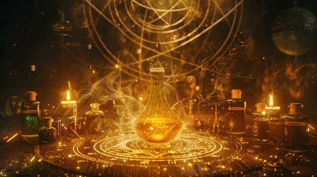 Mystic Alchemy Background with Ancient Symbols Golden Potion Vials and Swirling Magical Aura