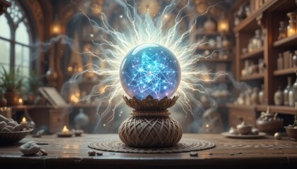 Mystical Crystal Ball Glowing with Energy on Wooden Table in an Antique Room