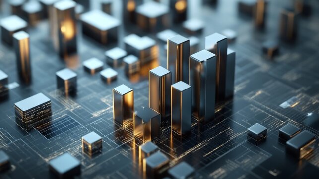 A D bar chart with metallic, gradient bars rising from a financial graph, showing growth and progress, with a modern digital interface in the background - Powered by Adobe