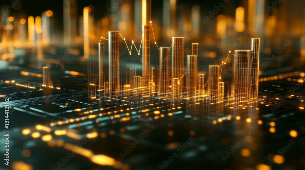 Leinwandbilder A D financial chart with rising columns and a glowing trendline, placed over a sleek digital grid with futuristic design elements