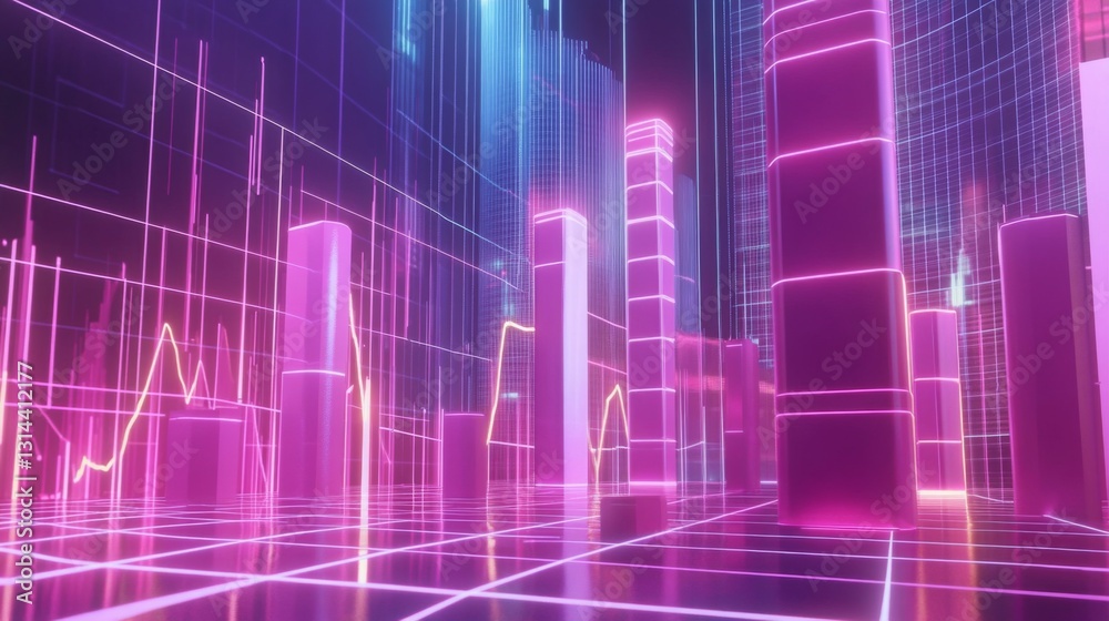 Fototapete A D financial chart with rising columns and a glowing trendline, placed over a sleek digital grid with futuristic design elements