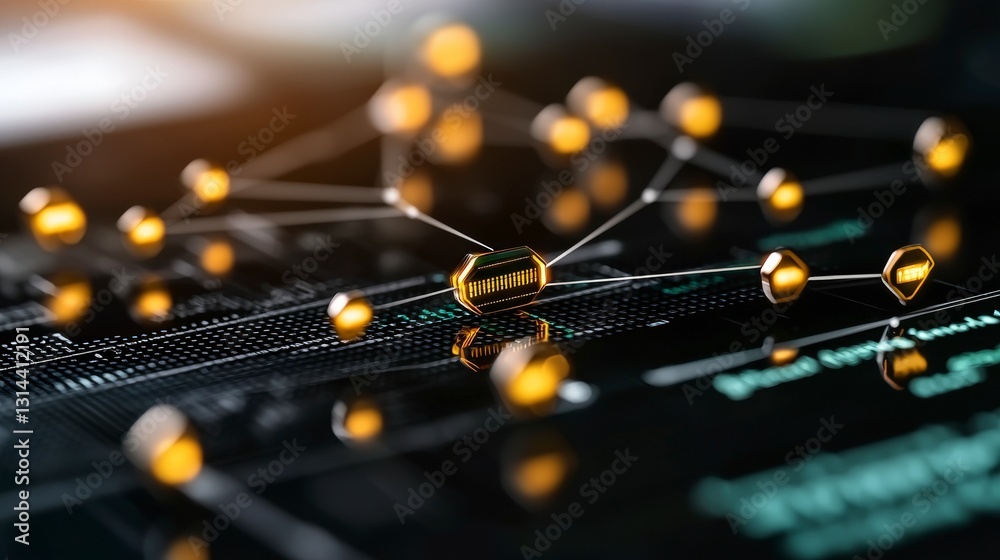 Poster digital network connection with golden nodes on abstract data background in technology concept for m