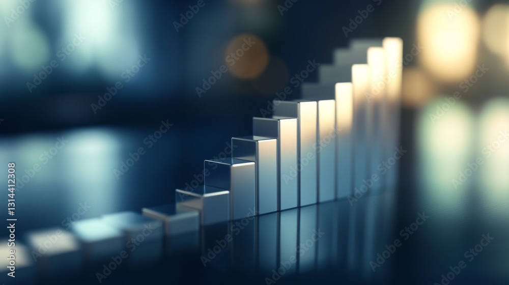 Leinwandbilder A D stacked bar chart with metallic bars in ascending order, placed on a reflective surface, highlighting financial progress in a clean, minimalist design