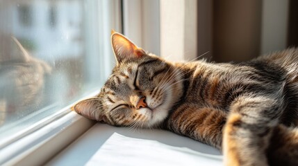 Peaceful feline nap, Tabby cat basking in the sunlit window warmth